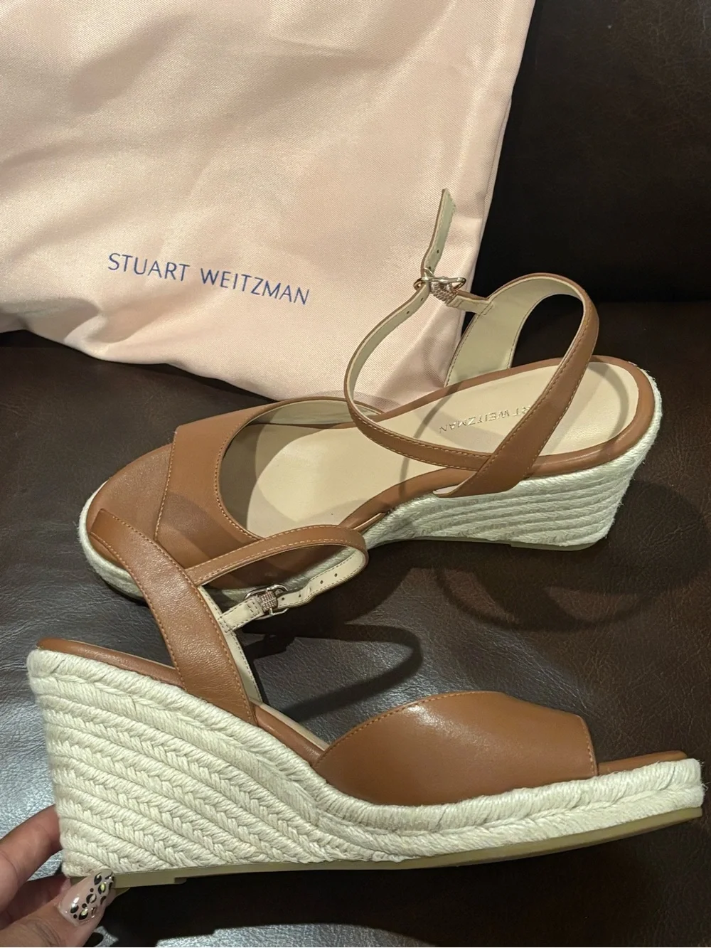 Stuart Weitzman Tan Leather Espadrille Wedge Sandals - Picture 3 of 5